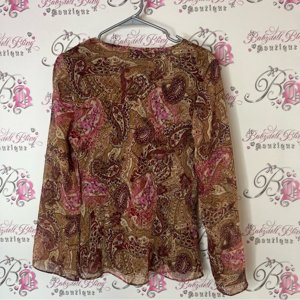 Laura long sleeve blouse shirt shiny gold Paisley V-Neck Blouse - Pink and Brown - Picture 3 of 6